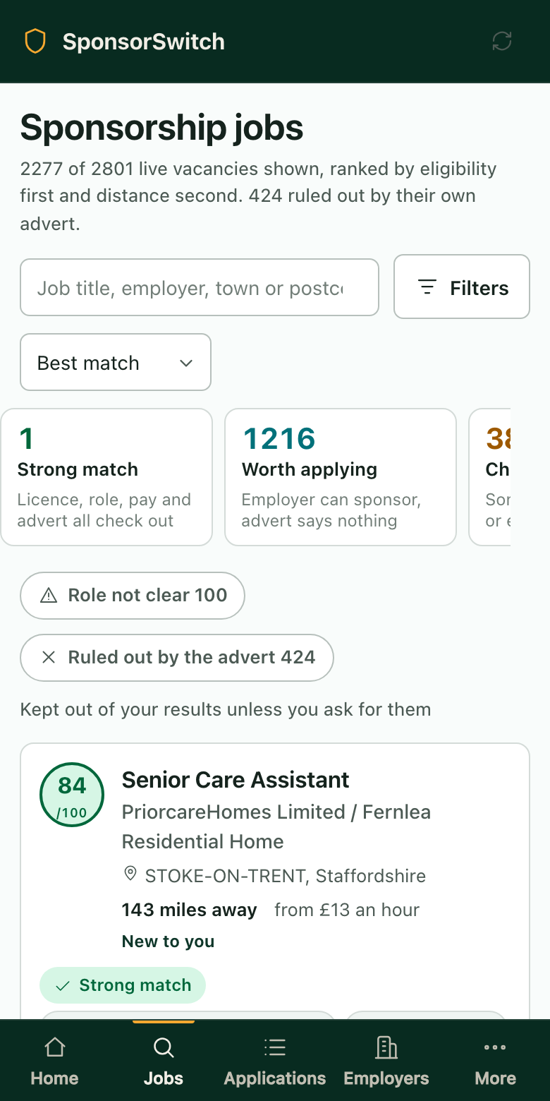 The results screen, showing vacancies ranked by eligibility with the reason each one scored as it did